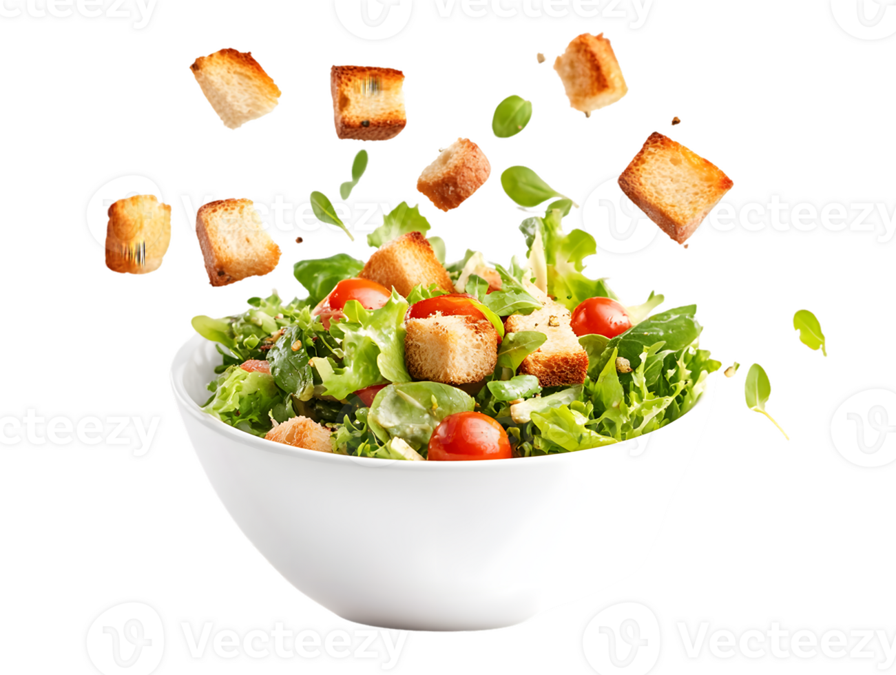 Salad with Croutons and Cherry Tomatoes in White Bowl png