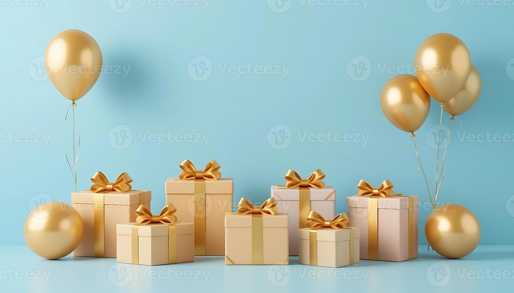 Golden Celebration 3D Gift Boxes and Balloons on Azure Canvas photo