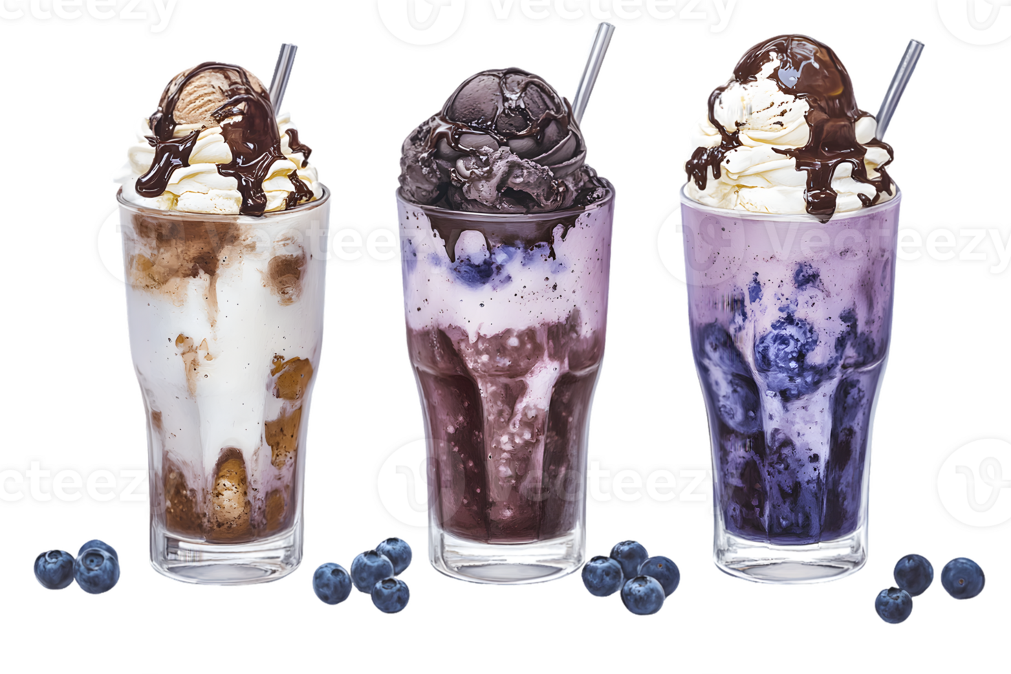 Three Ice Cream Drinks with Chocolate and Blueberry Flavor Variations png