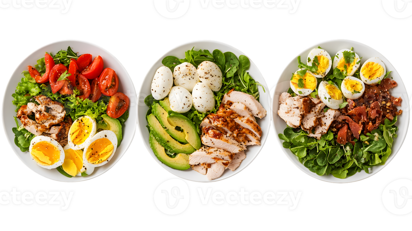 Three Variations of Chicken Salad with Eggs and Avocado png