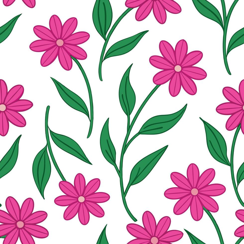 Pink Flowers Seamless Pattern Floral Design, White Background, Green Leaves vector