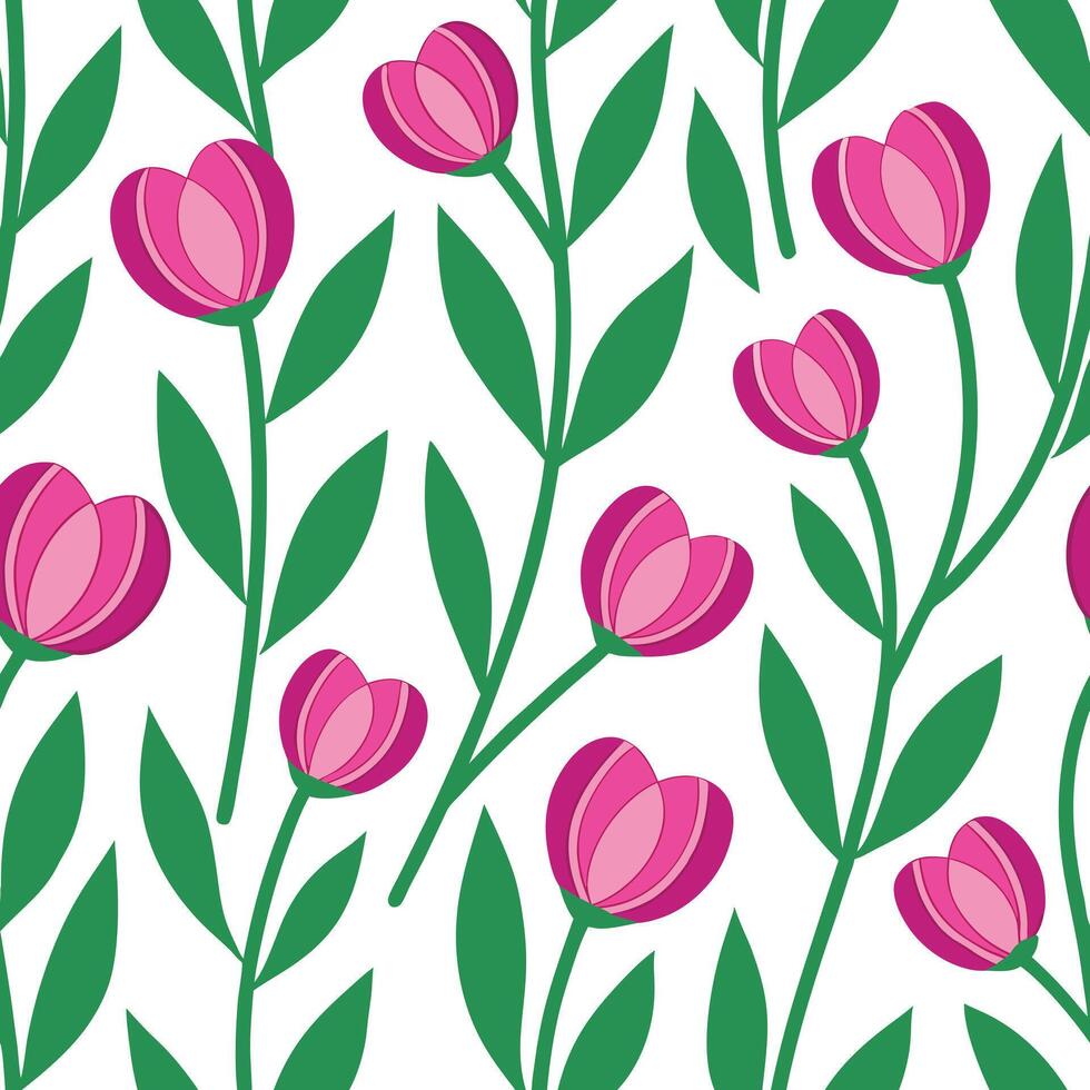 Pink Flower Seamless Pattern Floral Design, Green Leaves, White Background vector