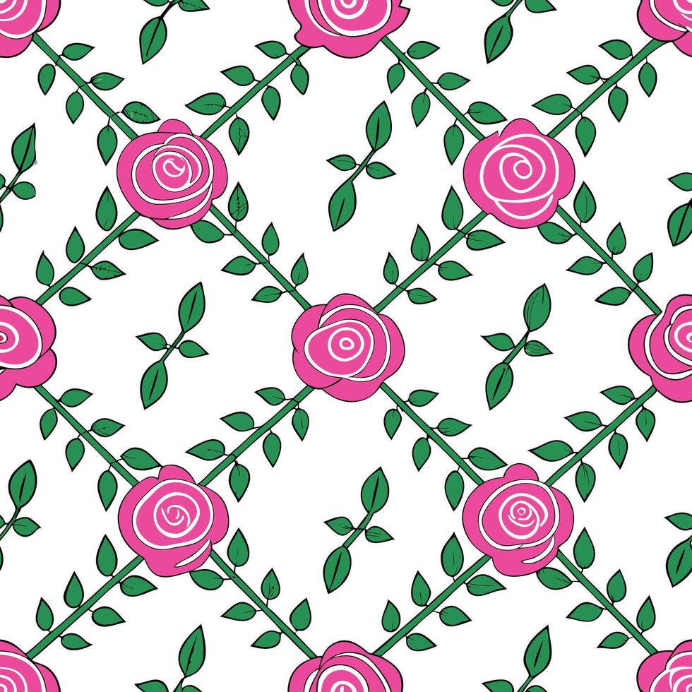 Pink Roses Seamless Pattern Floral Design, White Background, Green Stems vector
