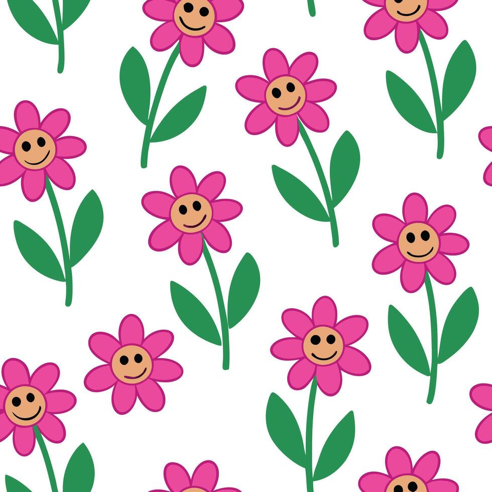 Happy Pink Flowers Smiling Seamless Pattern Background Design vector