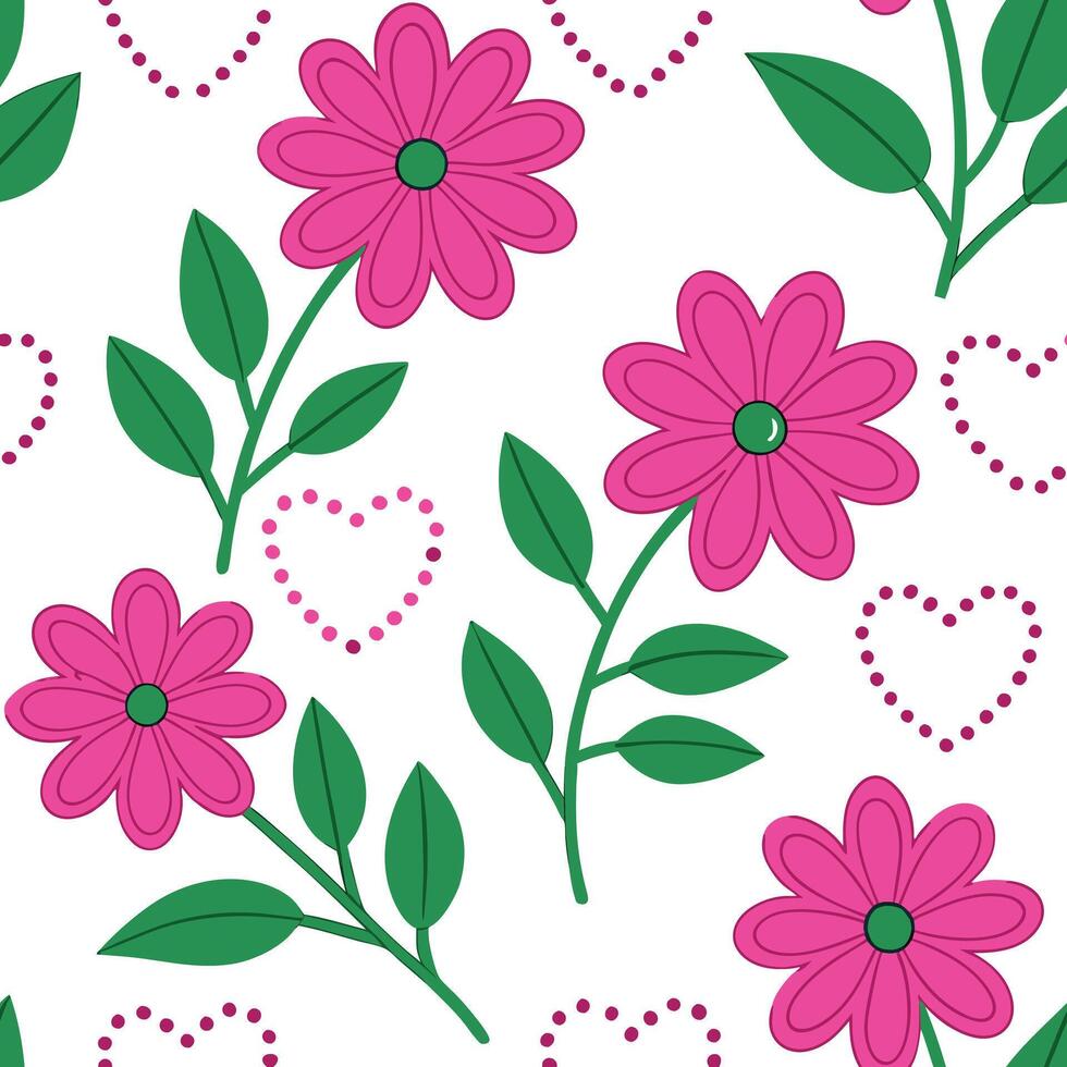 Pink Flowers, Green Leaves, Dotted Hearts Seamless Pattern vector
