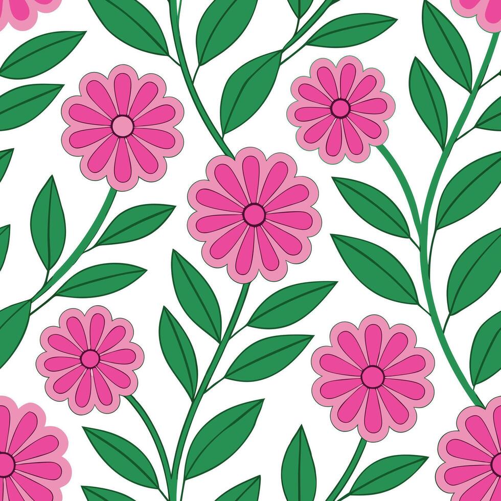 Pink Flower Seamless Pattern Floral Green Leaves Design vector