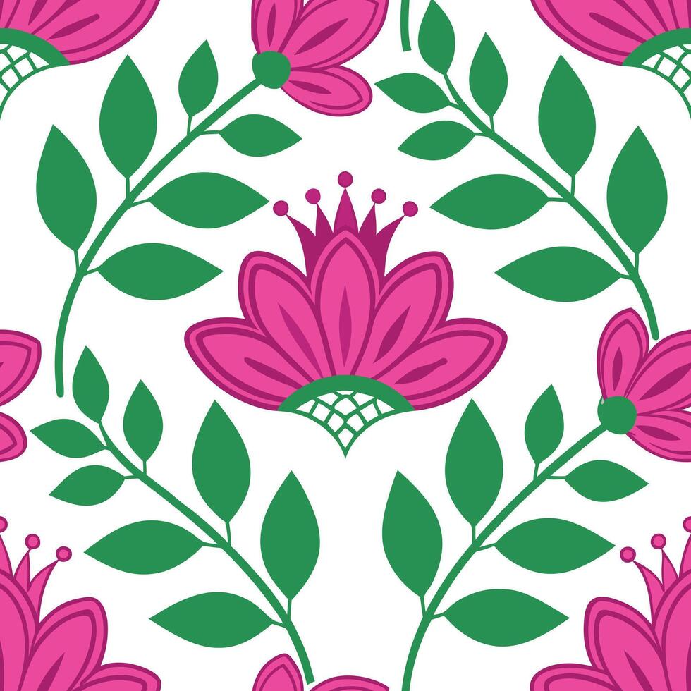 Pink Floral Seamless Pattern Green Leaves, Stylized Flowers, White Background vector