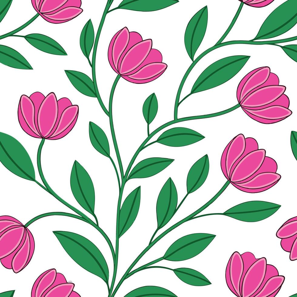 Pink Floral Pattern Seamless Botanical Design, Elegant Flowers, Green Leaves, White Background, Style vector