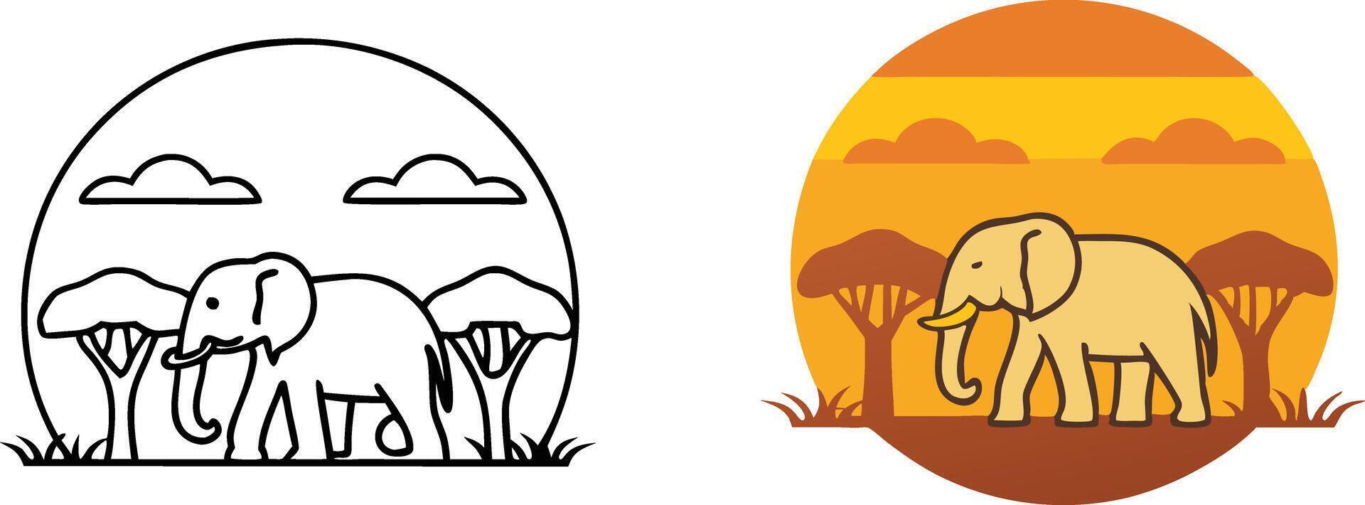 African Elephant Silhouette Sunset Safari Wildlife Nature Art Design vector