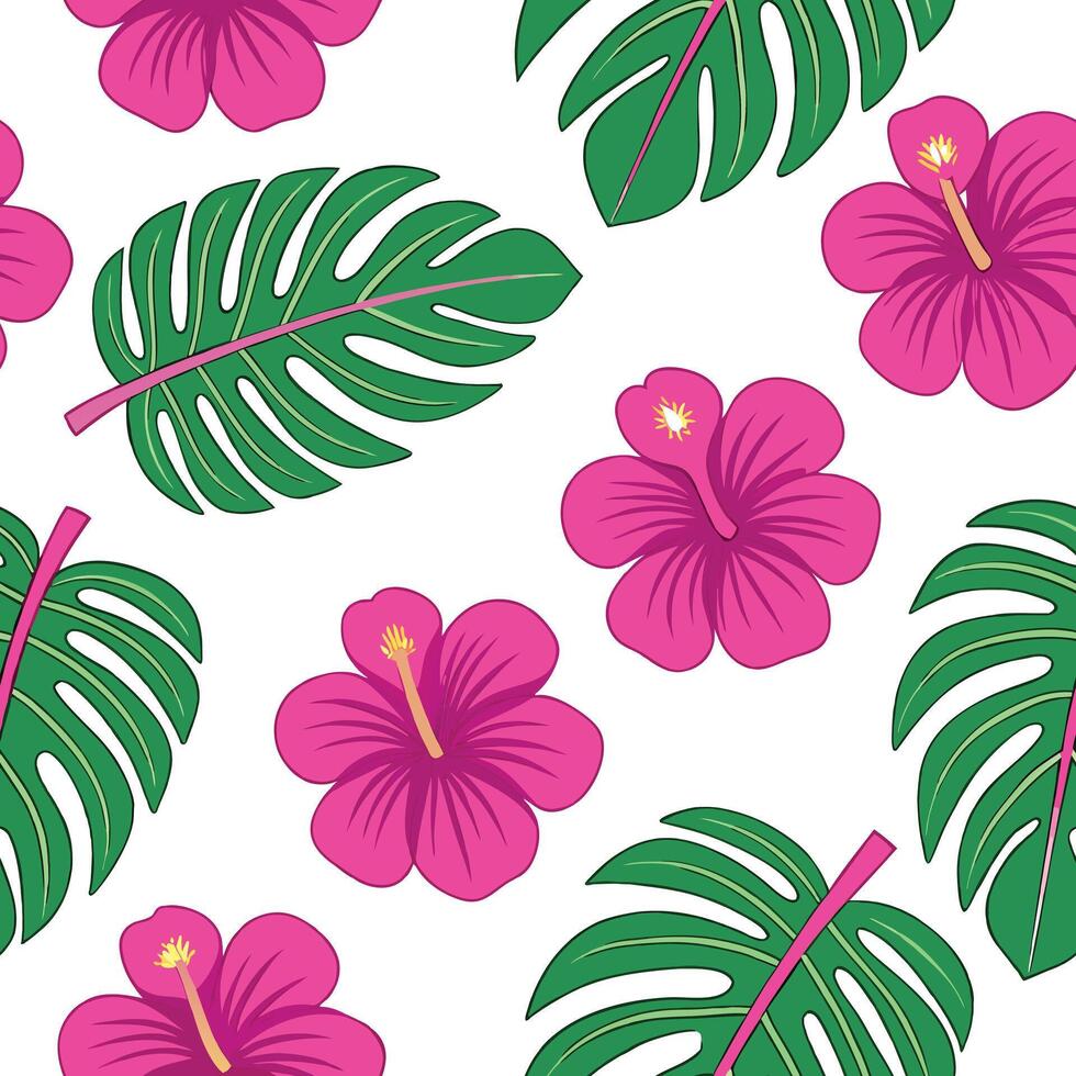 Tropical Hibiscus Flowers, Monstera Leaves Seamless Pattern Design vector