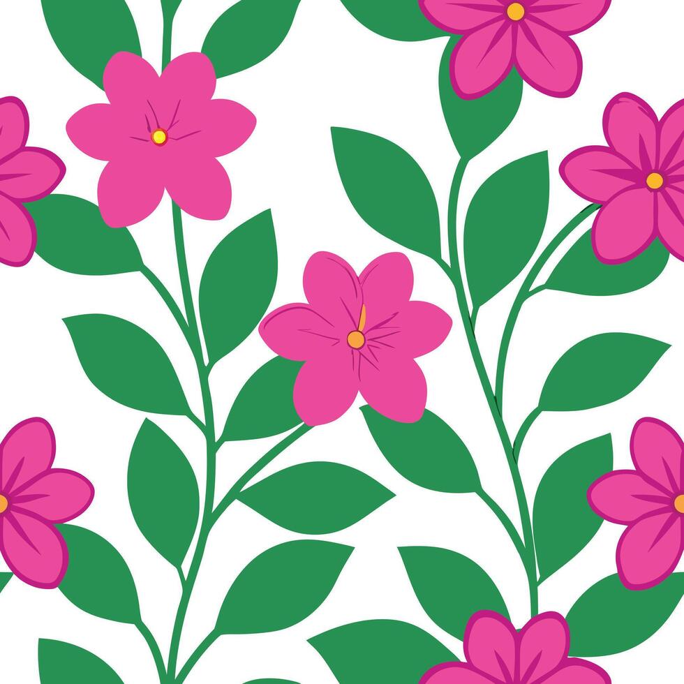 Pink Flowers, Green Leaves, Seamless Floral Pattern, Botanical Design, Nature Print, Spring Bloom, W vector