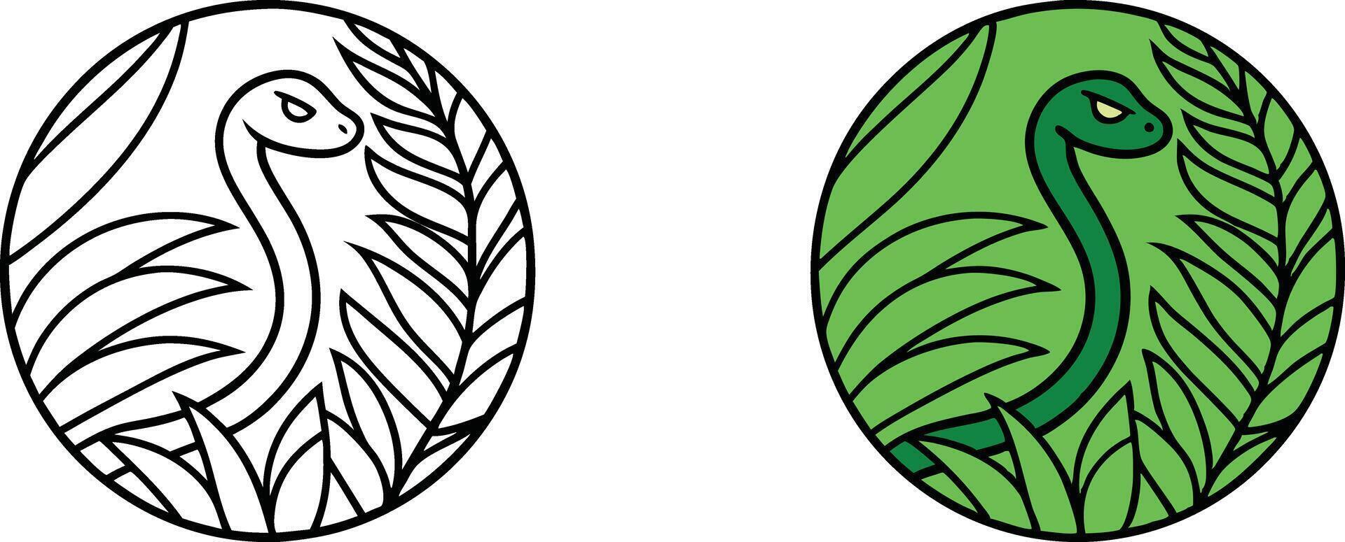 Serpent in Foliage Line Art, Green Snake, Tropical Leaves, Circle Design vector