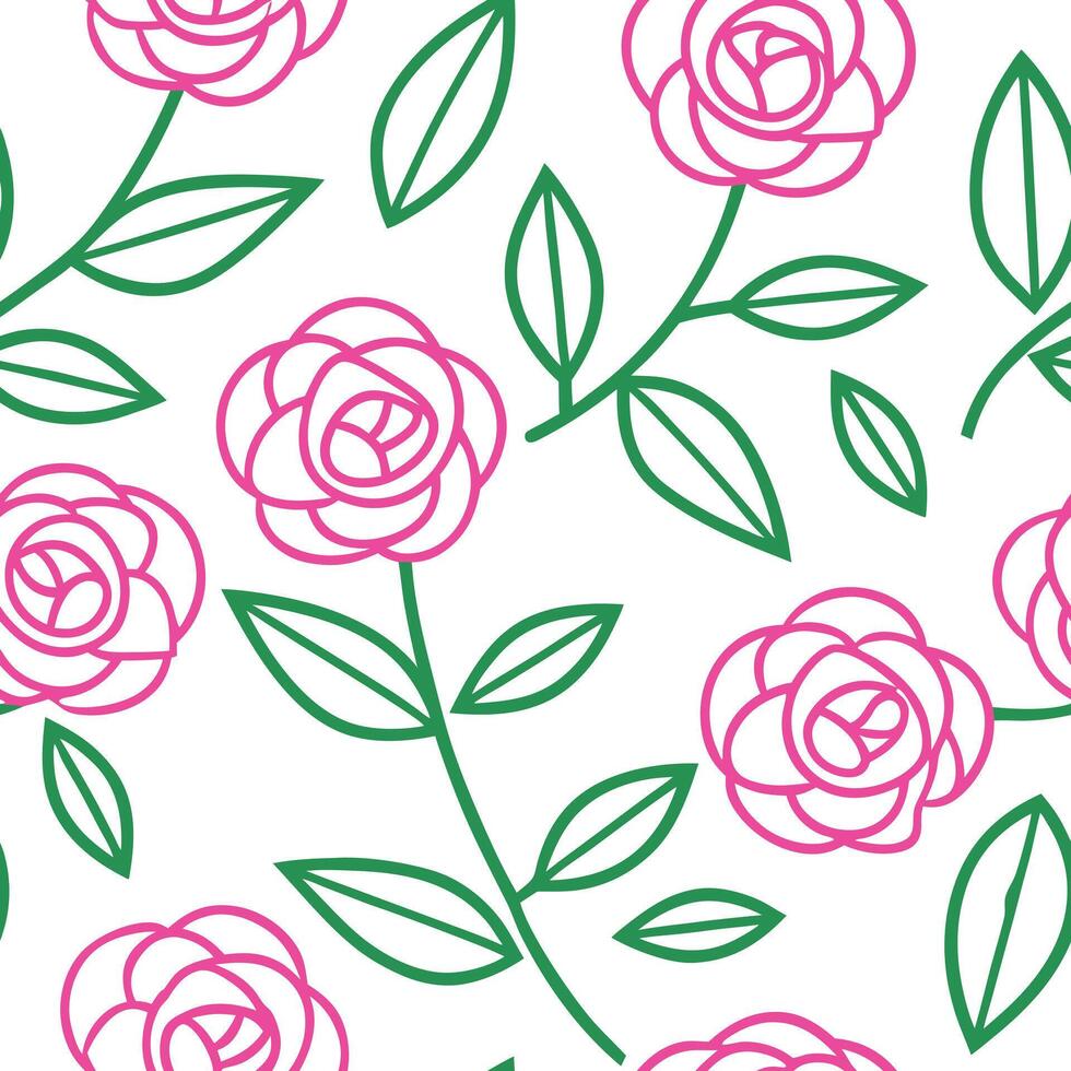 Pink Camellia Flowers Green Leaves Seamless Pattern Design vector