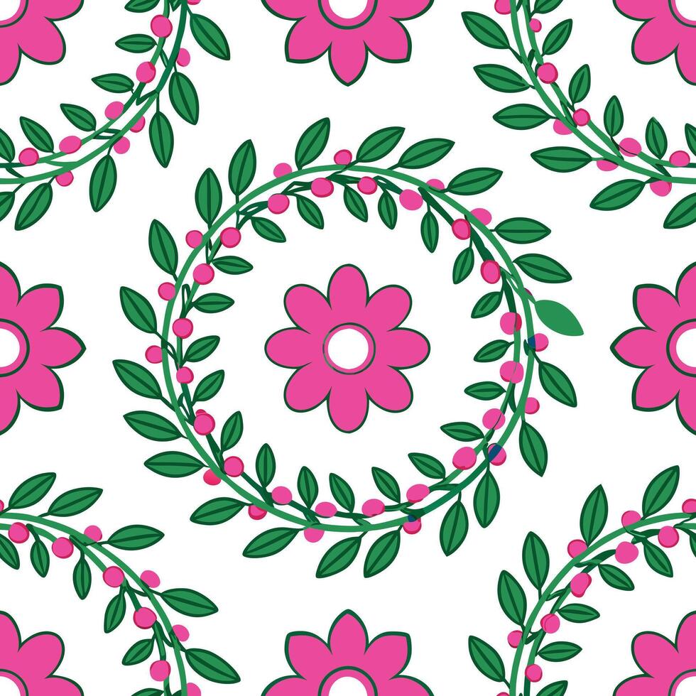 Pink Flowers, Green Leaves, Circular Floral Wreath Pattern Design vector