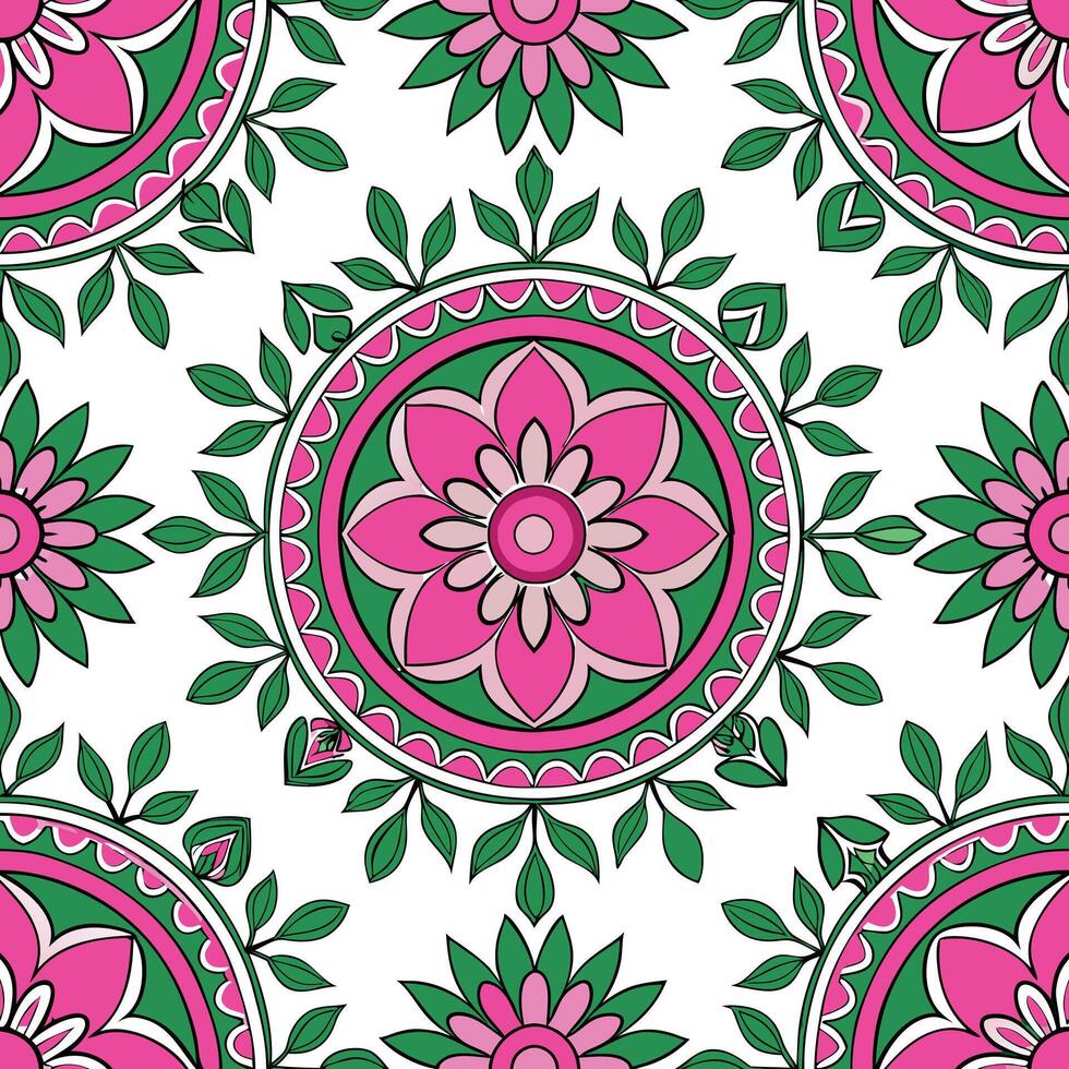 Pink Green Floral Mandala Seamless Pattern Design Background vector
