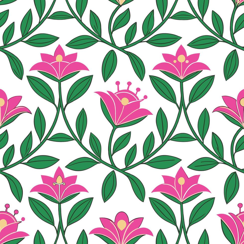 Pink Floral Pattern Seamless Textile Design with Green Leaves vector