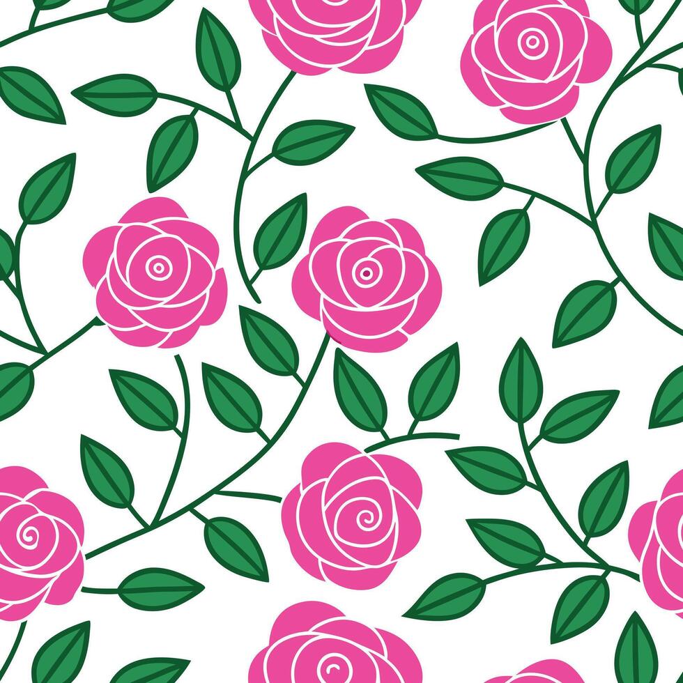 Pink Roses, Green Leaves, Floral Pattern, Seamless Design, Botanical Illustration, Nature Wallpaper, vector