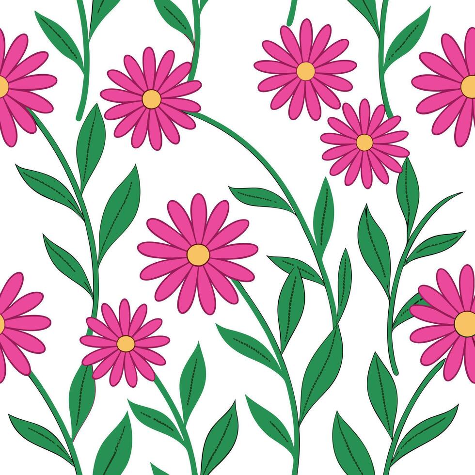 Pink Flowers, Green Leaves, Seamless Floral Pattern Design vector