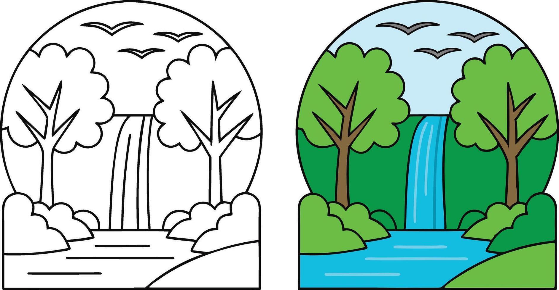 Serene Waterfall Nature Scene Coloring Page and Illustration vector
