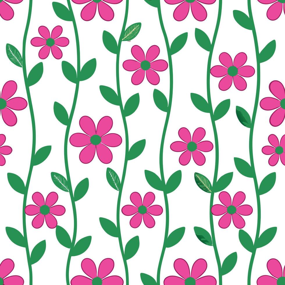 Pink Flowers Green Vines Seamless Floral Pattern Design vector