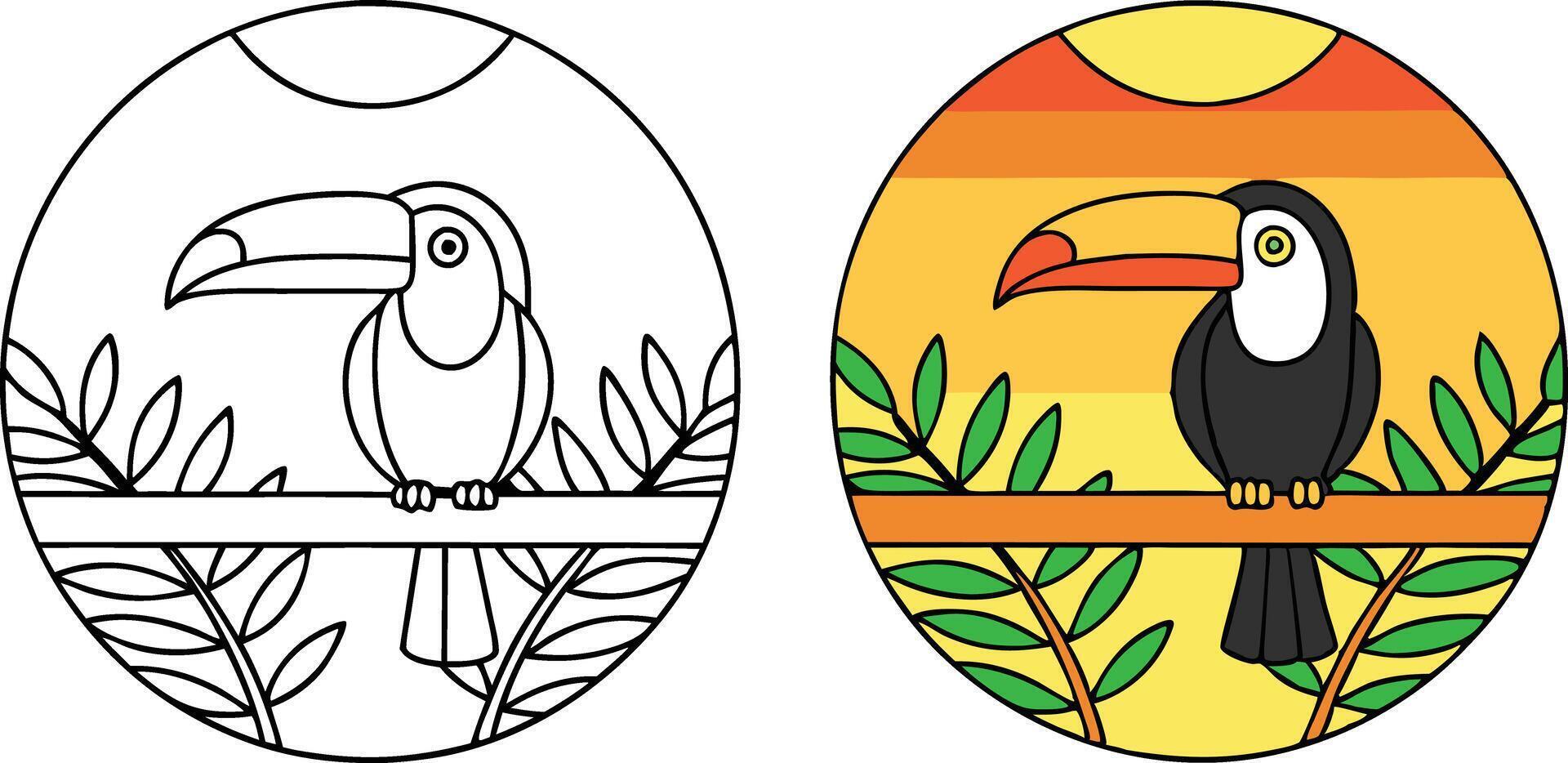 Tropical Toucan Bird Coloring Page Sunset Illustration vector