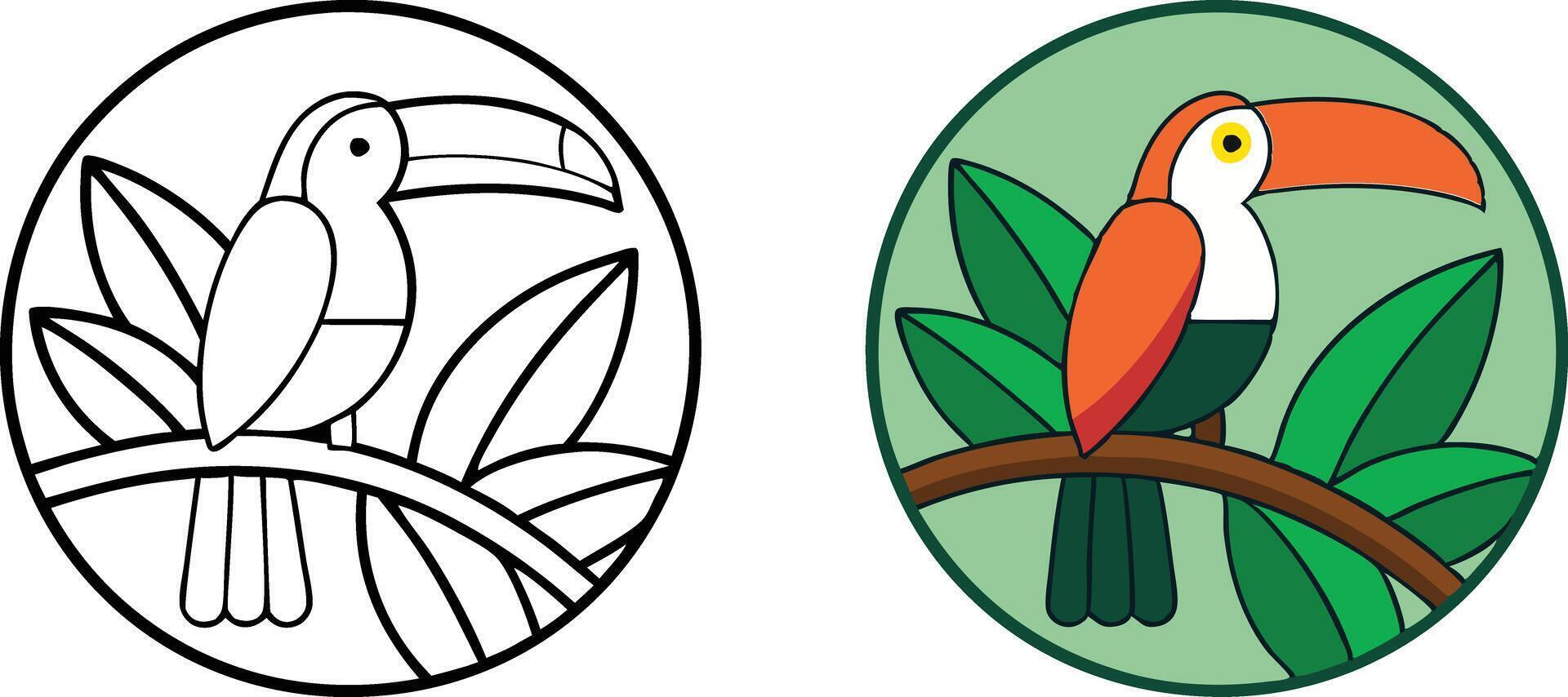 Tropical Toucan Bird Coloring Page, Jungle Avian Illustration vector