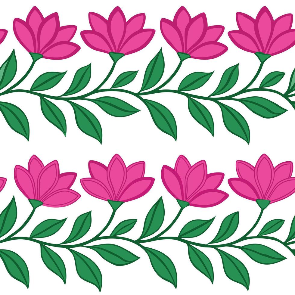 Floral Border Design Pink Flowers, Green Leaves, Seamless Pattern vector