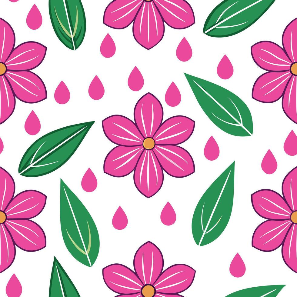 Pink Flowers, Green Leaves, Rain Drops Seamless Pattern Design vector