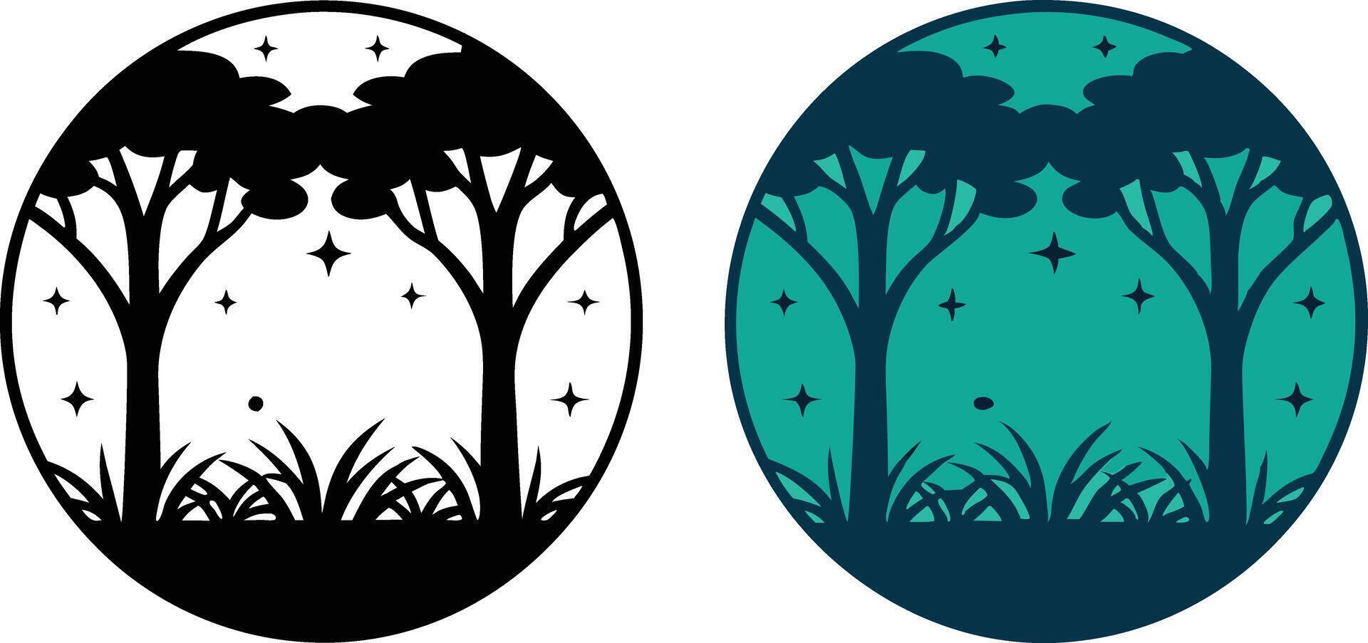 Night Sky Silhouette Two Trees, Grass, Stars, Circular Design vector