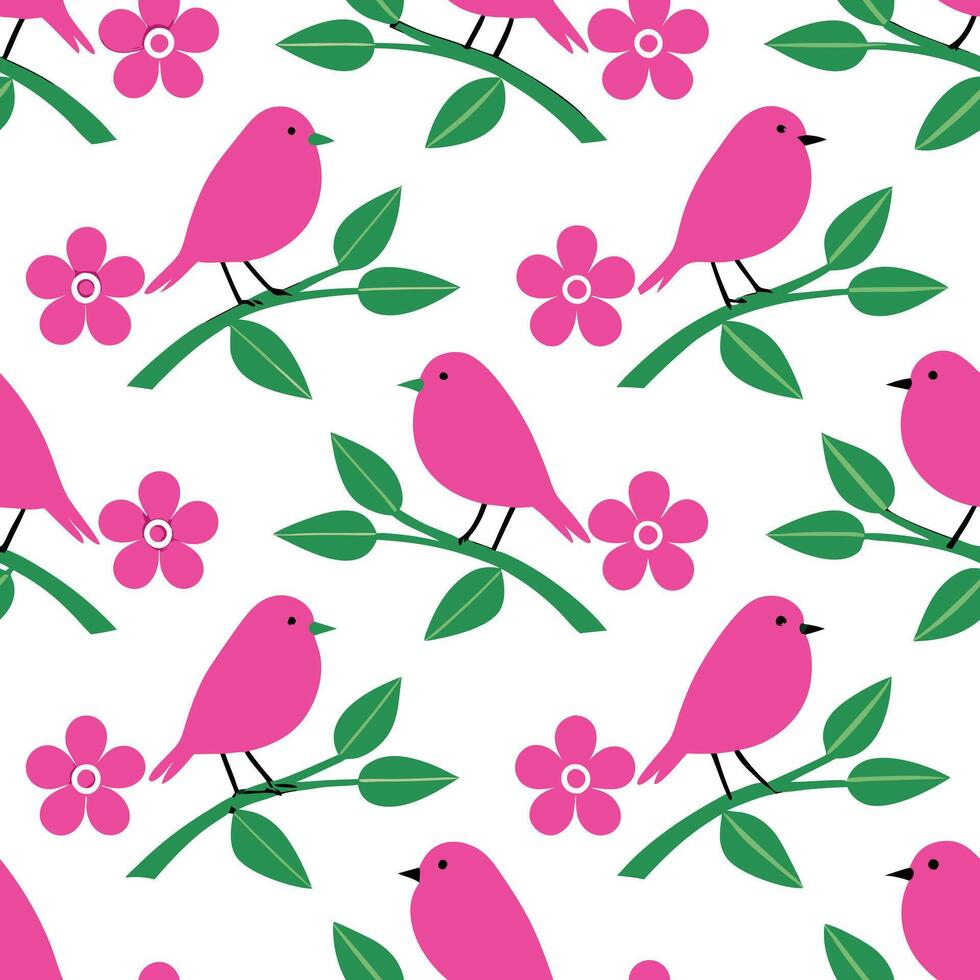 Pink Birds on Branches, Floral Seamless Pattern Design vector