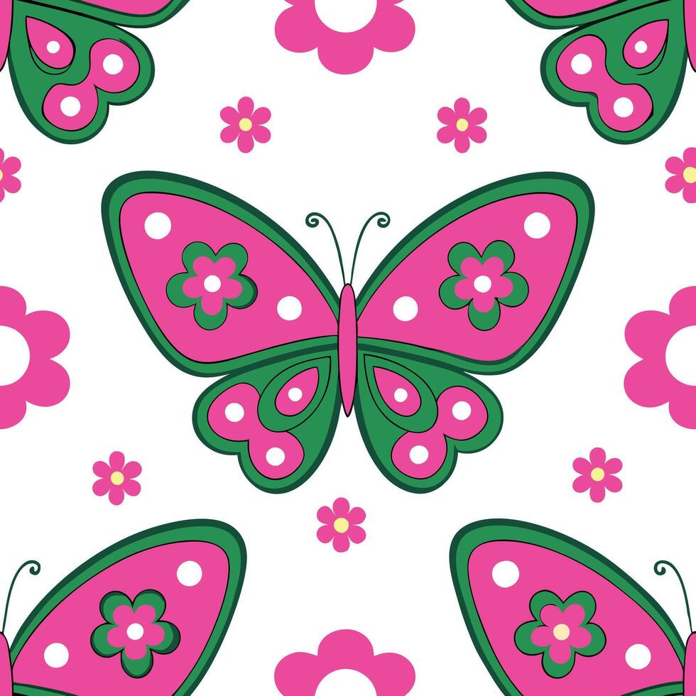 Pretty Pink Butterflies and Flowers Seamless Pattern Design vector