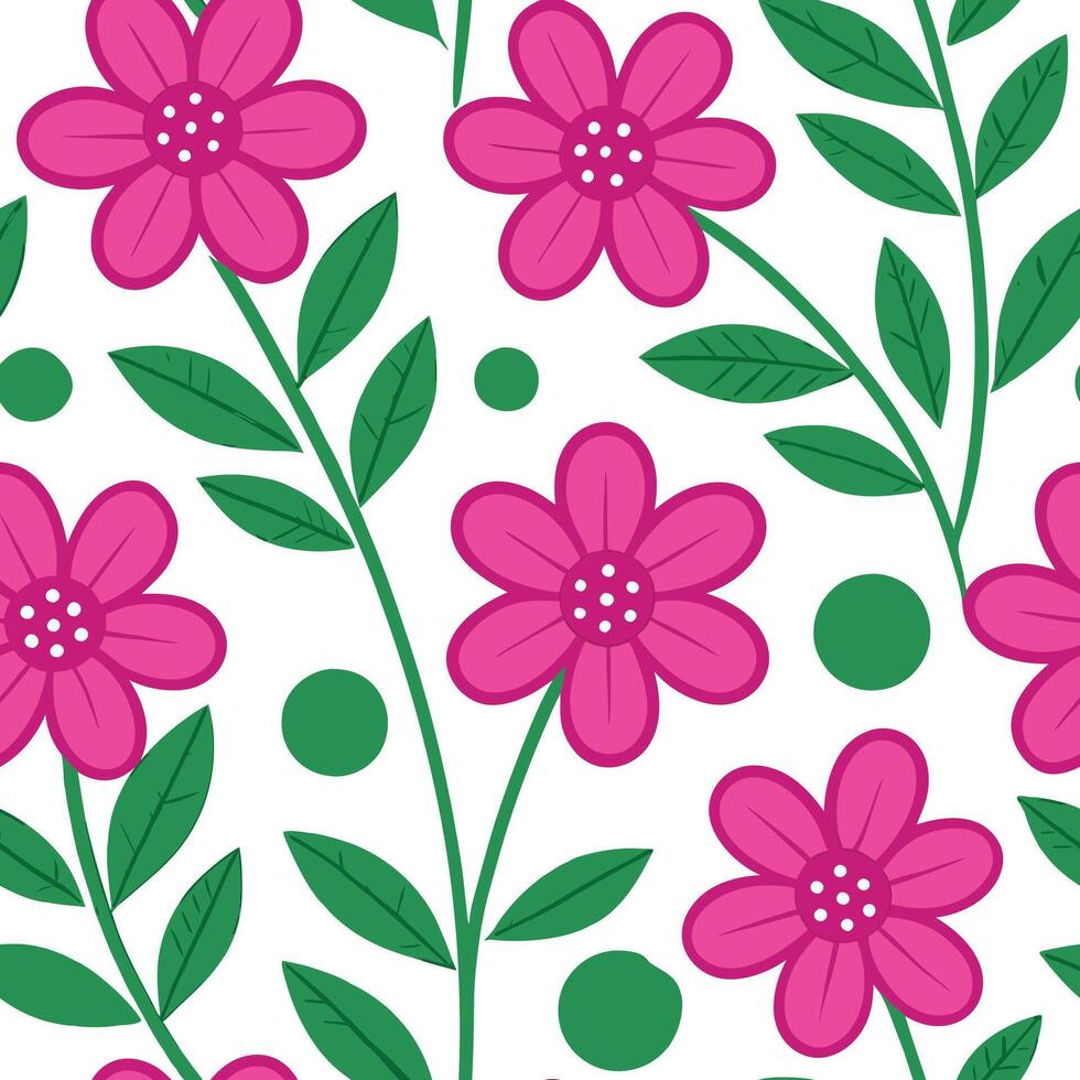 Pretty Pink Flowers Green Leaves White Dots Seamless Pattern vector