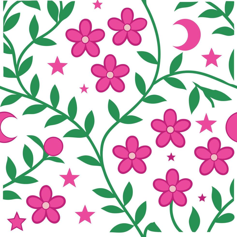 Pink Flowers, Green Vines, Stars, Crescent Moons Charming Floral Pattern vector