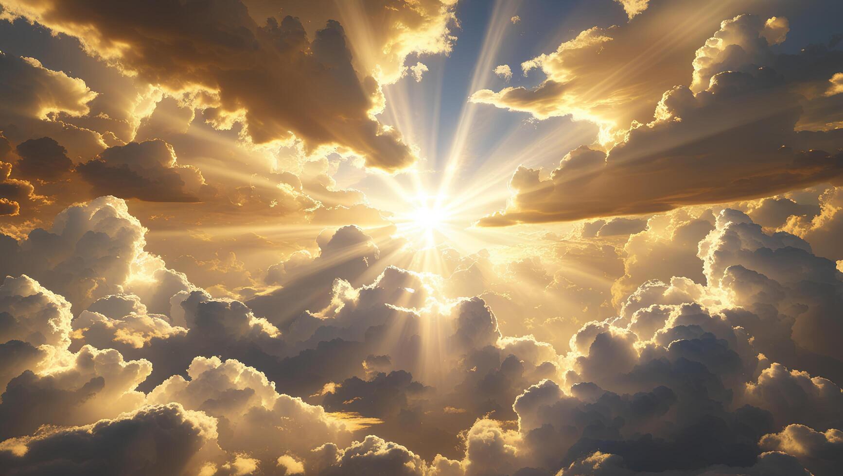 A majestic sky with dramatic clouds parted by golden rays of sunlight photo