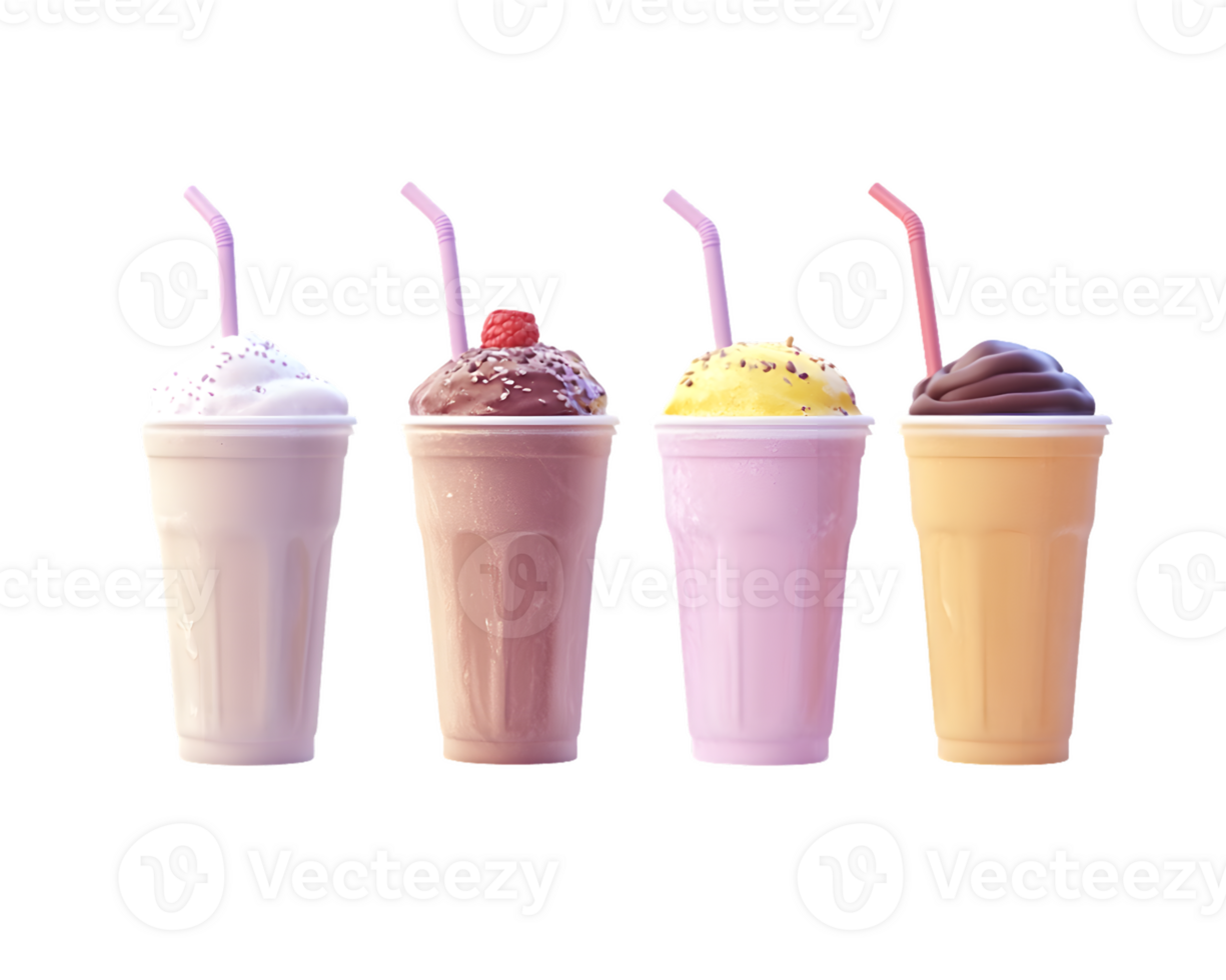 Four Milkshakes with Various Flavors and Toppings png