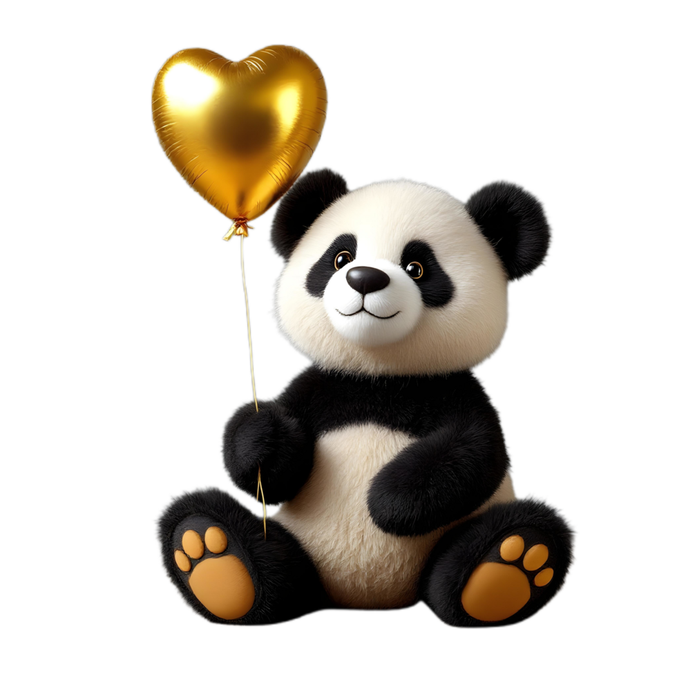 A panda bear holding a gold heart shaped balloon png