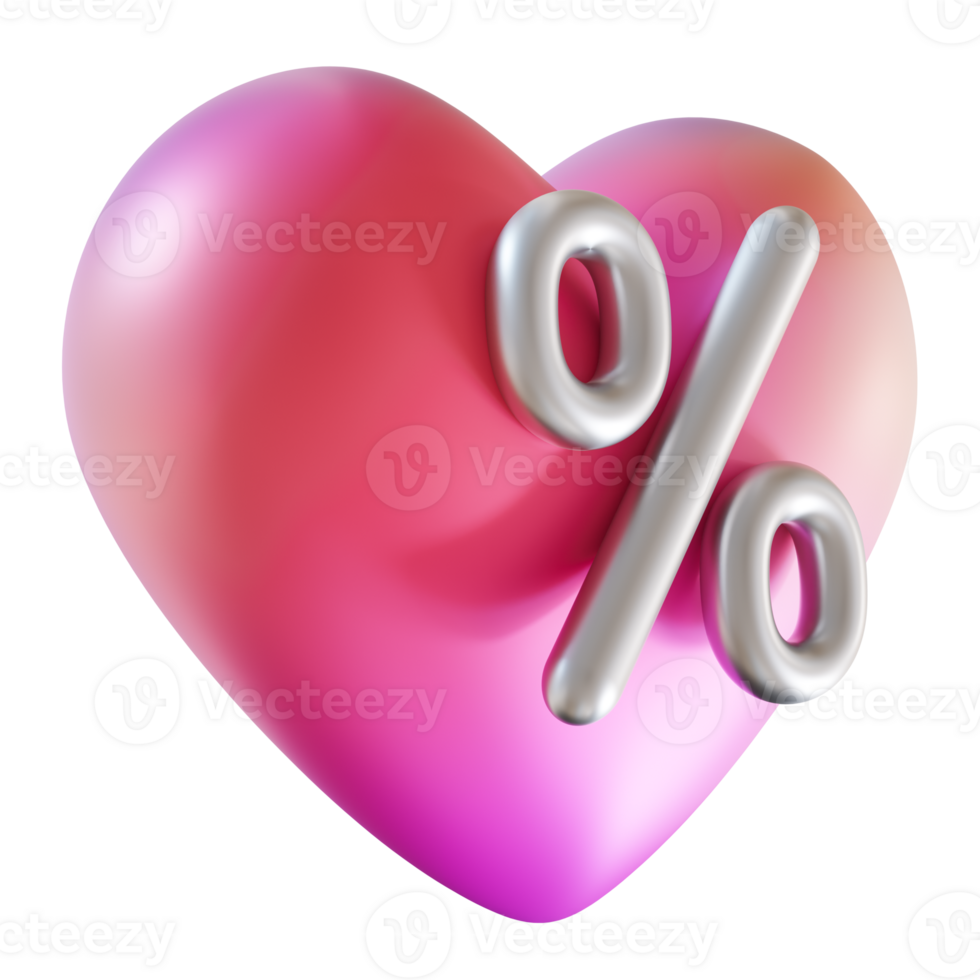 Pink gradient heart with metallic percentage symbol, on transparent background. Ideal for representing discounts, sales promotions, Valentine's Day offers, marketing png