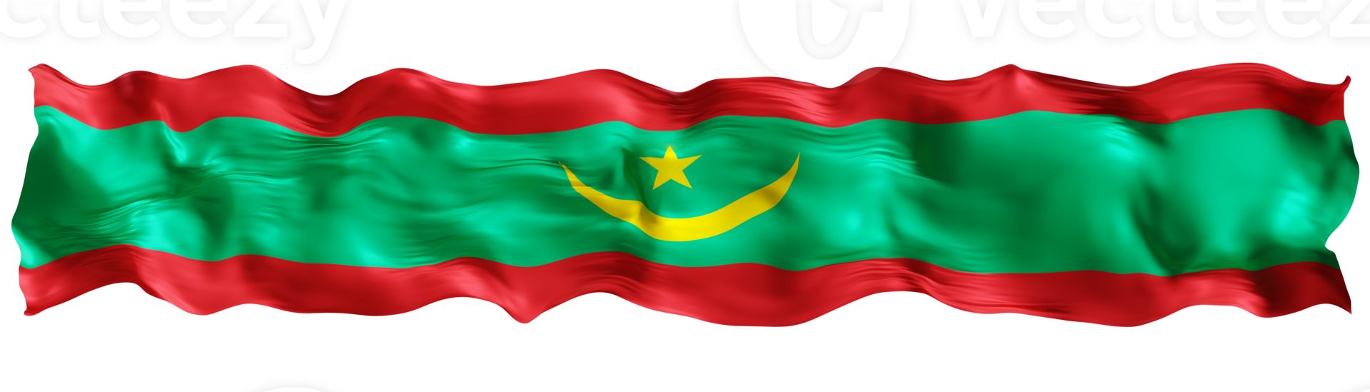 Stylized flag of Mauritania waving in the wind on transparent background. Footer, header or divider. Cut out wide, panoramic element. Banner for patriotic themes or national event promotions. 3D. png