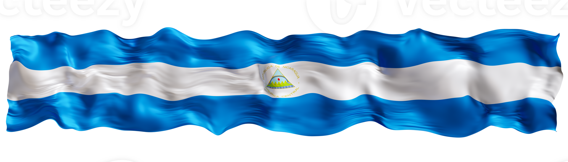 Stylized flag of Nicaragua waving in the wind on transparent background. Footer, header or divider. Cut out wide, panoramic element. Banner for patriotic themes or national event promotions. 3D. png
