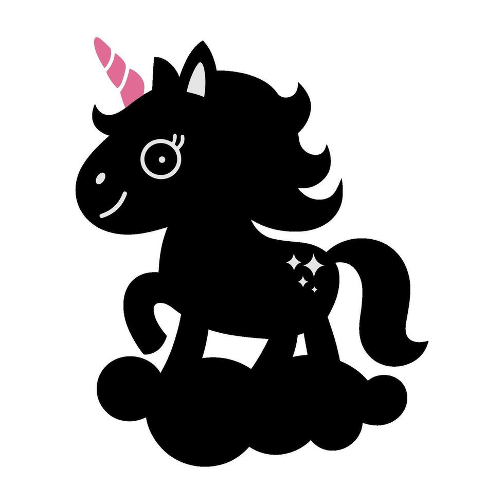black silhouette of cute pony unicorn is standing on cloud vector