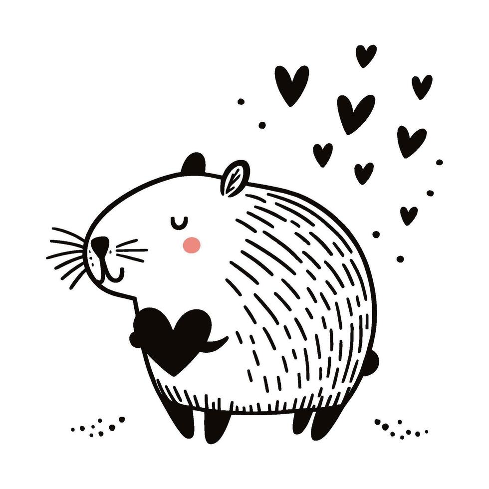 A cute cartoon doodle capybara with a heart on its chest vector