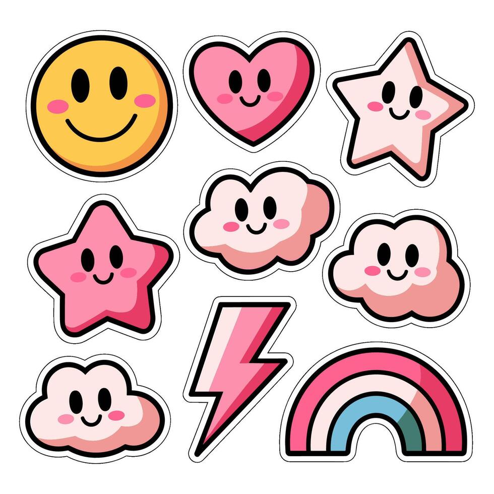 collection of cute cartoon pink stickers featuring smiling faces, hearts, stars, rainbow vector