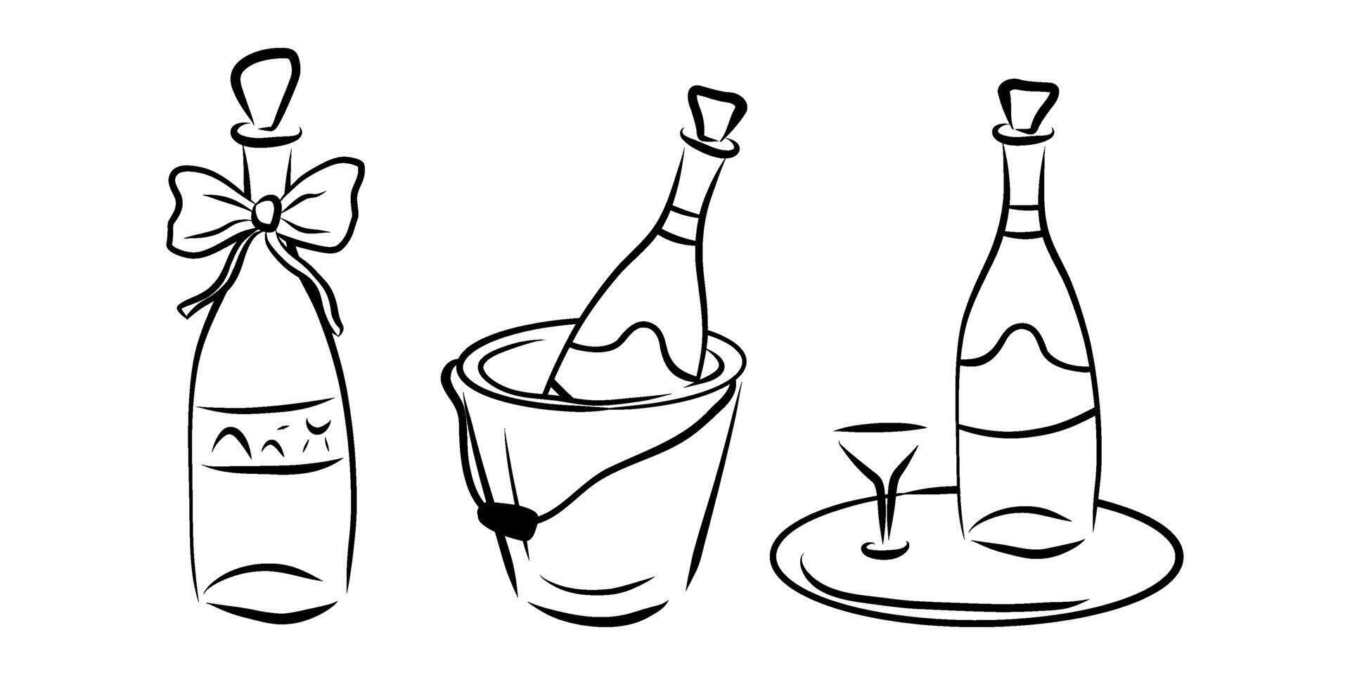 Hand drawn set of wine, champagne bottles, bottle in a bucket, bottle on a tray, doodles vector