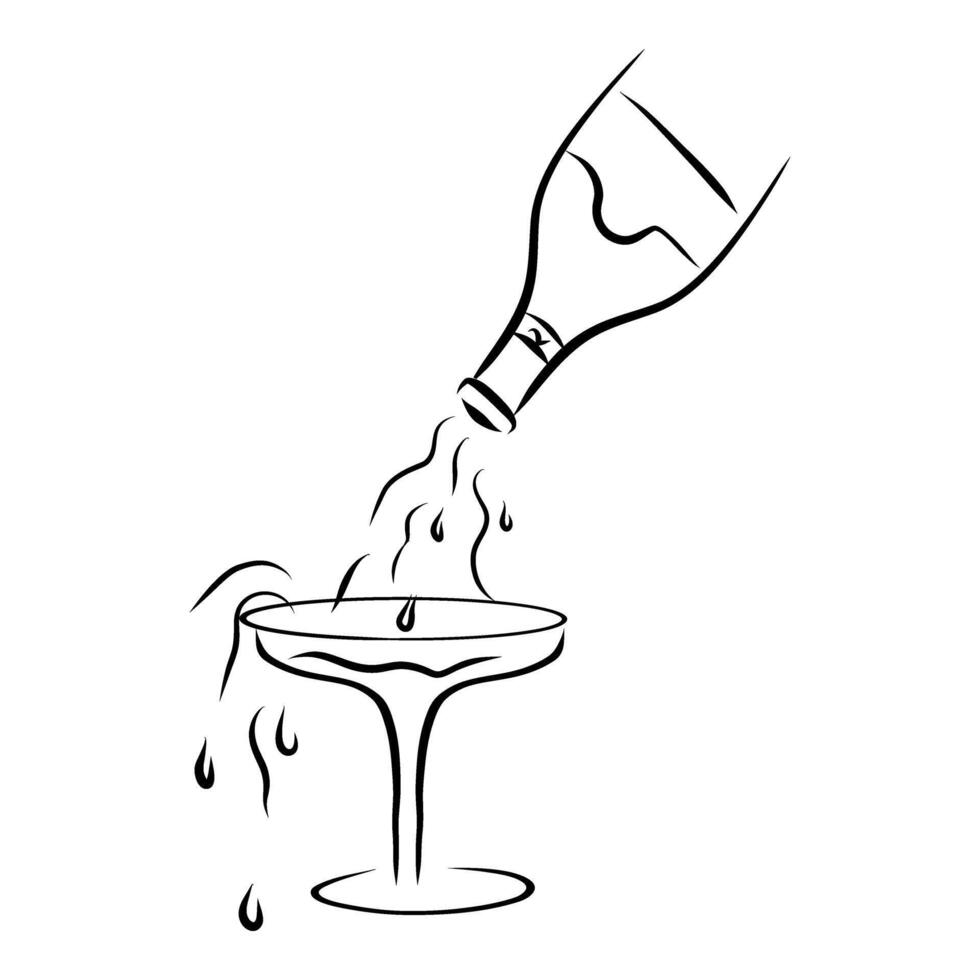 Pouring alcohol drink from bottle into glass, hand drawn illustration, doodle vector