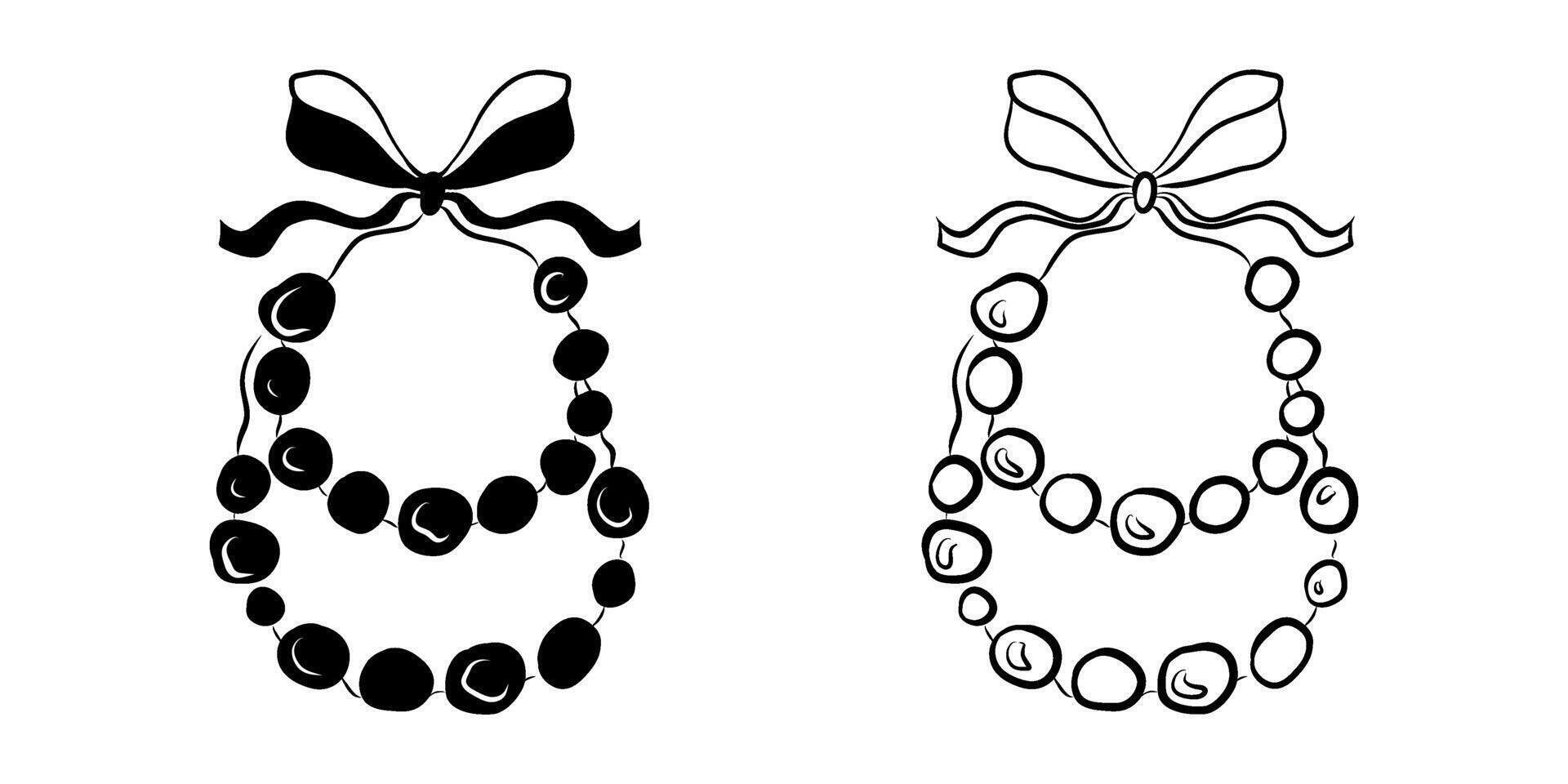 Hand drawn Whimsical Pearl necklace illustration, doodle, black and white, necklace with a tied bow vector