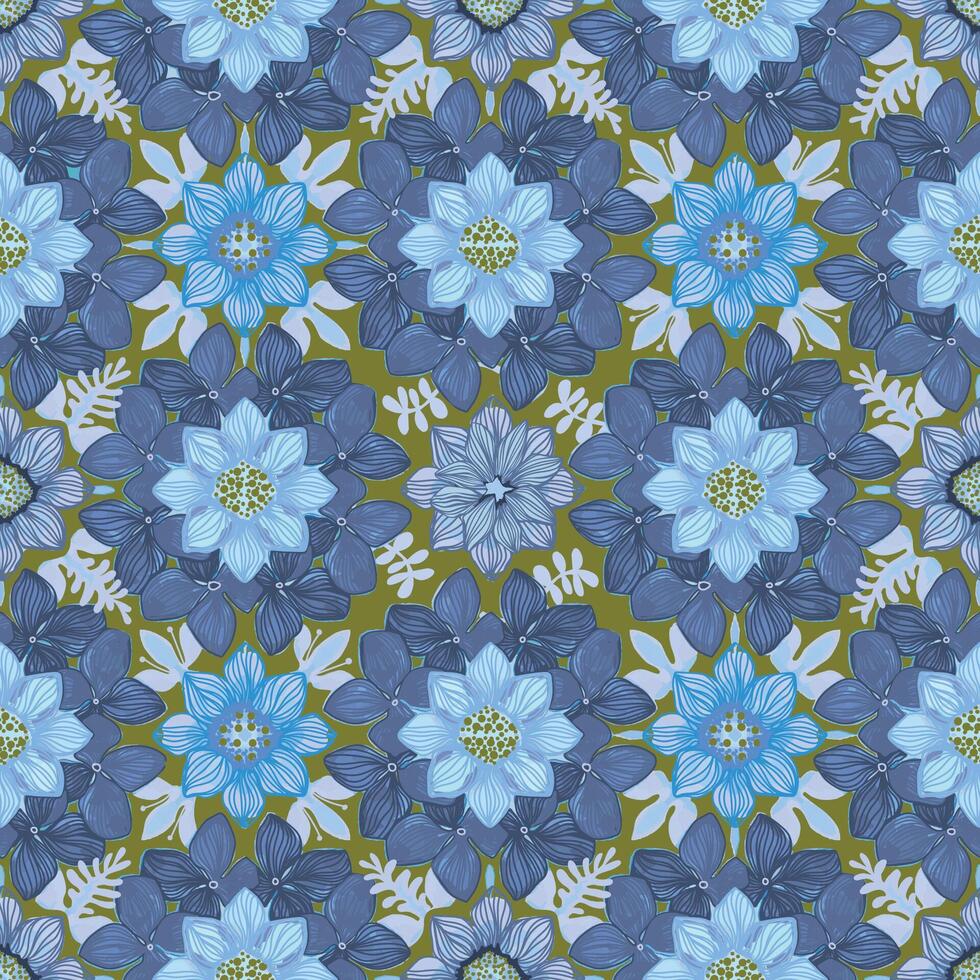 A , geometric, hand drawn floral seamless patterns of monochromatic blu flowers on a neutral, changeable color olive green background. Perfect for curtains, tableware, dresses, scarves, product vector
