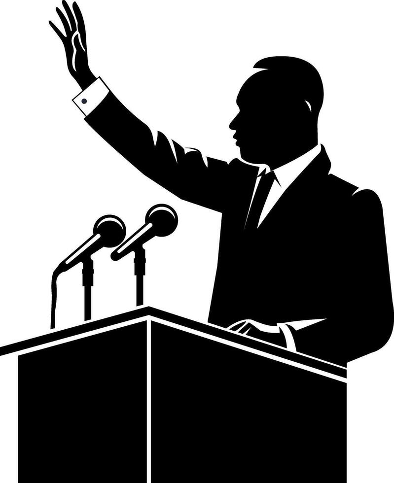 Martin Luther King jr. illustration of a public speaker silhouette raising a hand during a speech. Motivational banner design. Patriotic theme in black and white, and red colors. vector