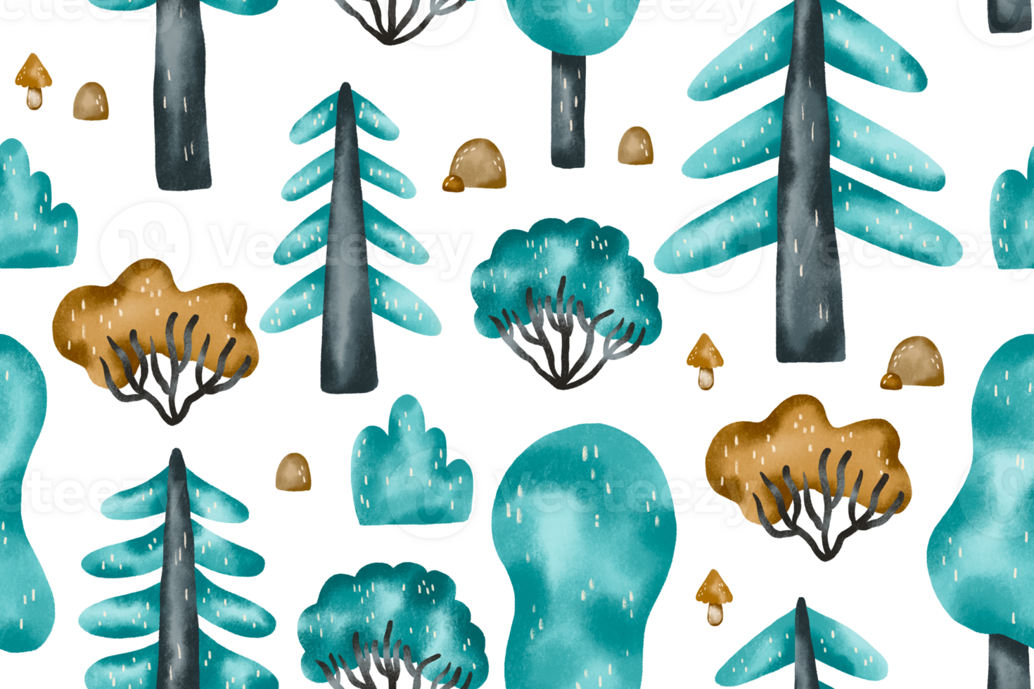 Forest seamless pattern for kindergarden. Winter woodland, trees, bushes. Hand drawn watercolor illustration on isolated background png