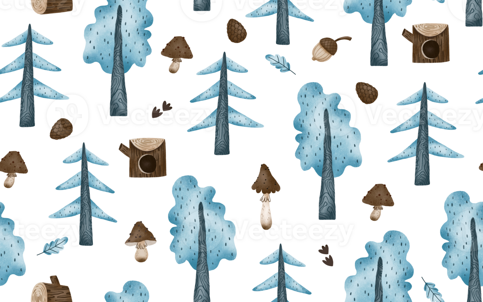 Seamless pattern with snowy trees, mushrooms, wood. Forest pattern, fir, spruce. Hand drawn endless background. Kids illustration png