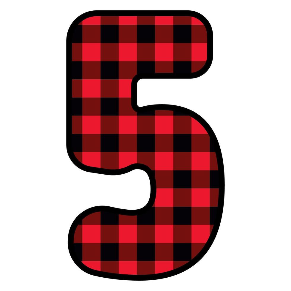 Alphabet number font, red lumberjack plaid pattern for 5 vector